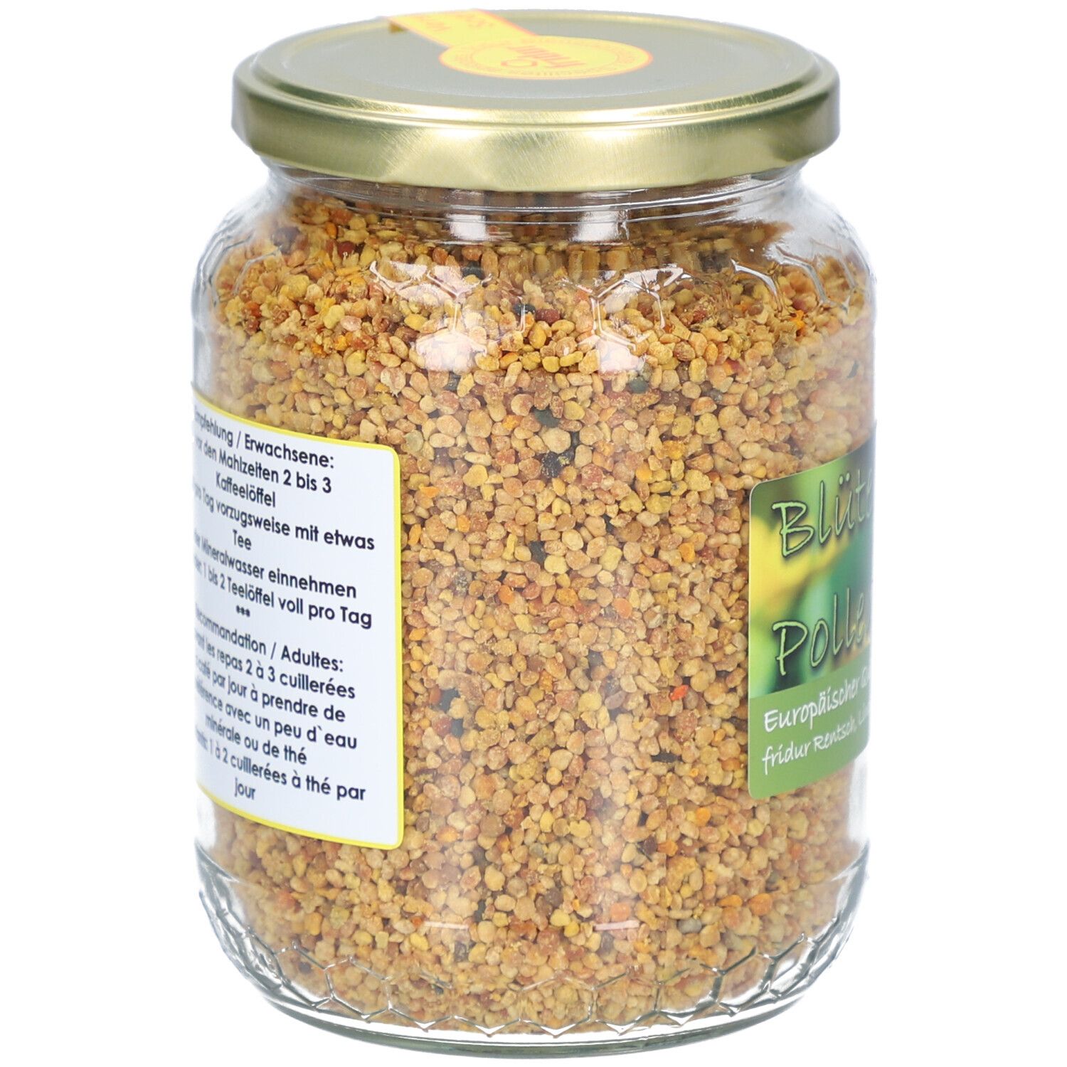 Pot de pollen de fleurs. Dos avec texte. Couvercle jaune. Contenu visible.