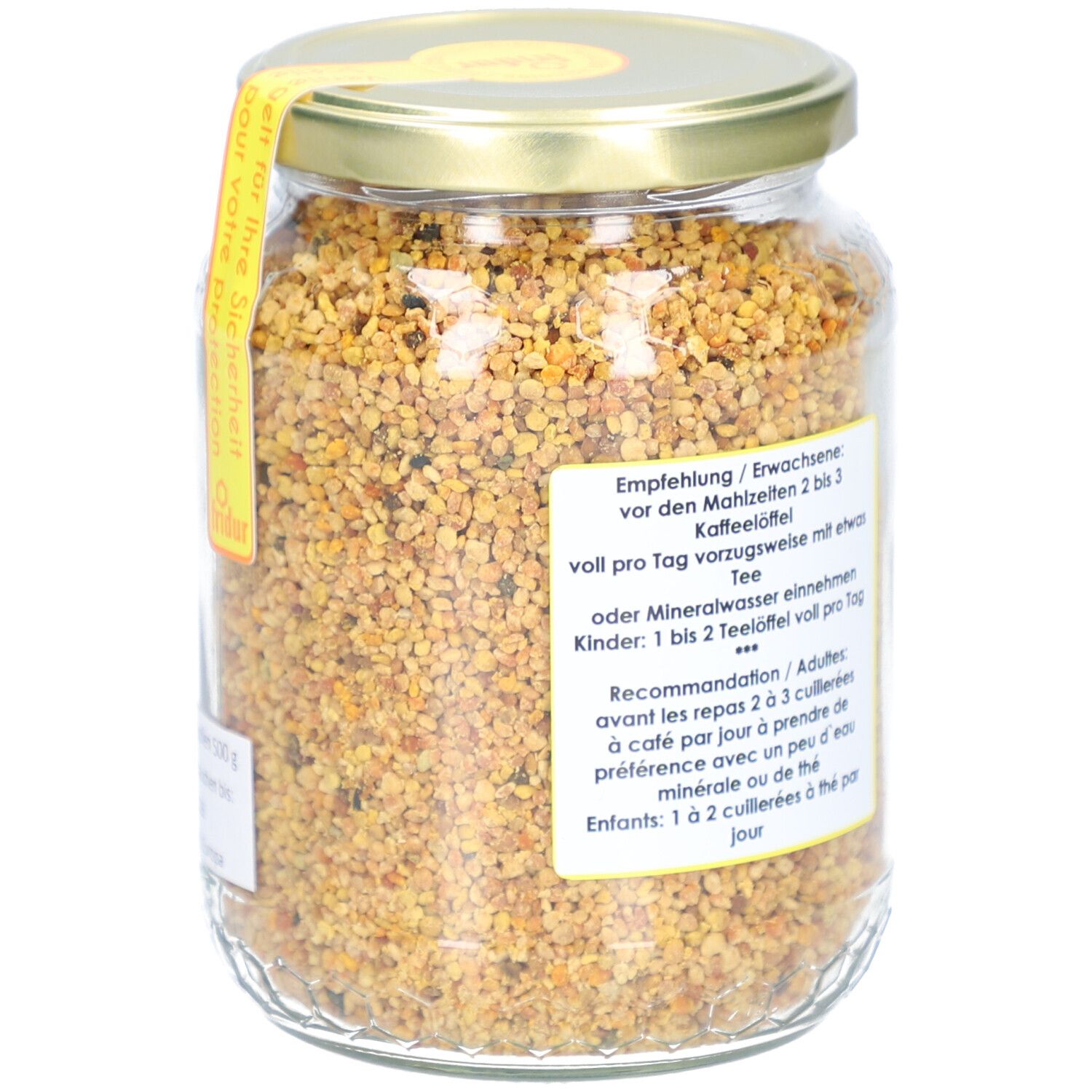 Pot de pollen de fleurs. Dos avec texte. Couvercle jaune. Contenu visible.