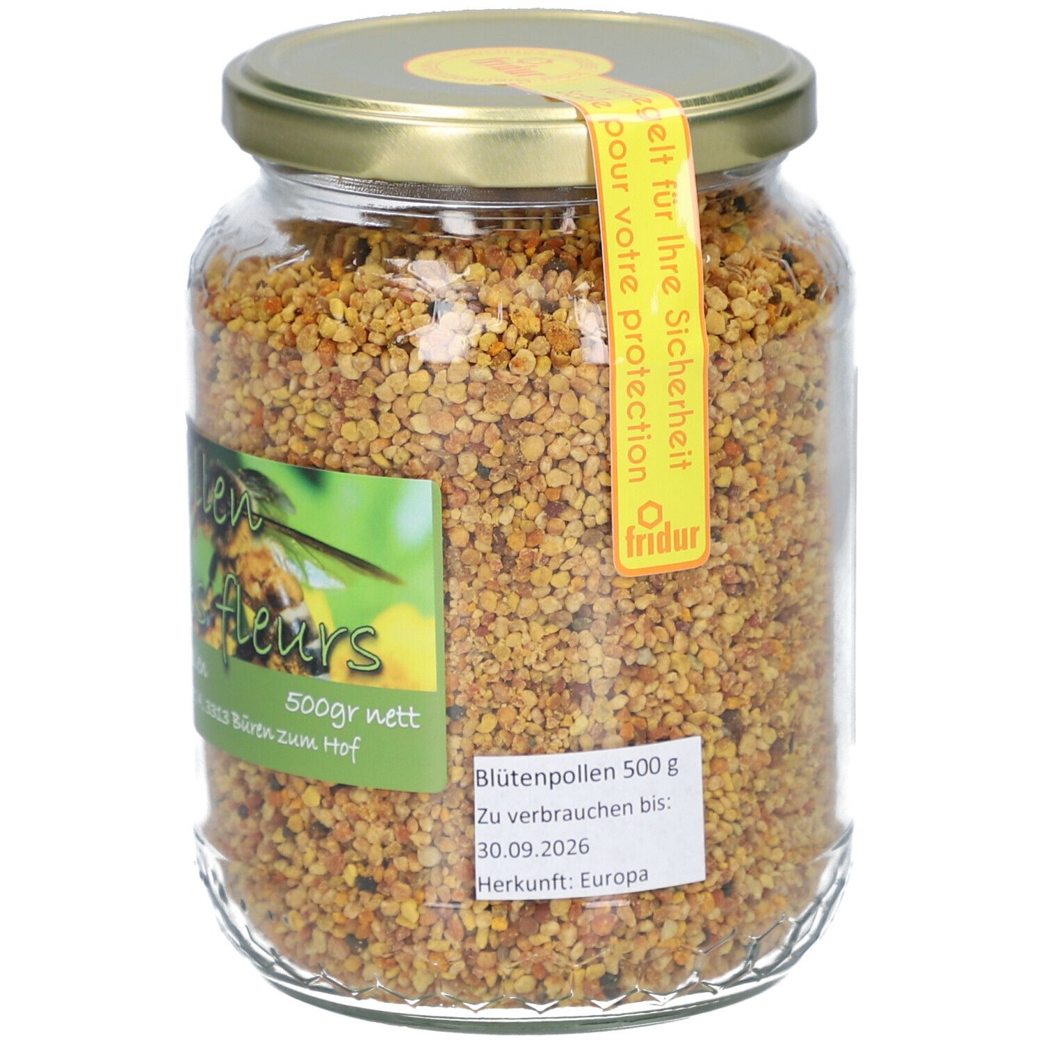 Pot de pollen de fleurs. Étiquette avec nom, poids et date de péremption. Couvercle jaune.