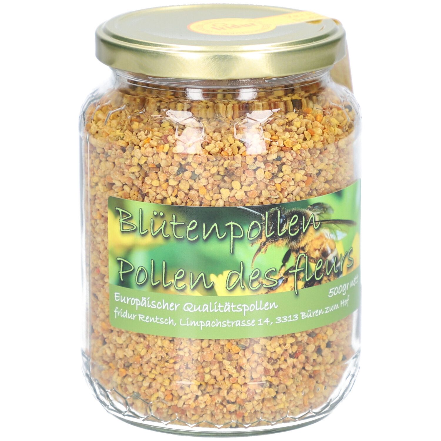 Pot de pollen de fleurs en verre. Étiquette avec nom et logo du produit. Couvercle jaune. Contenu visible.