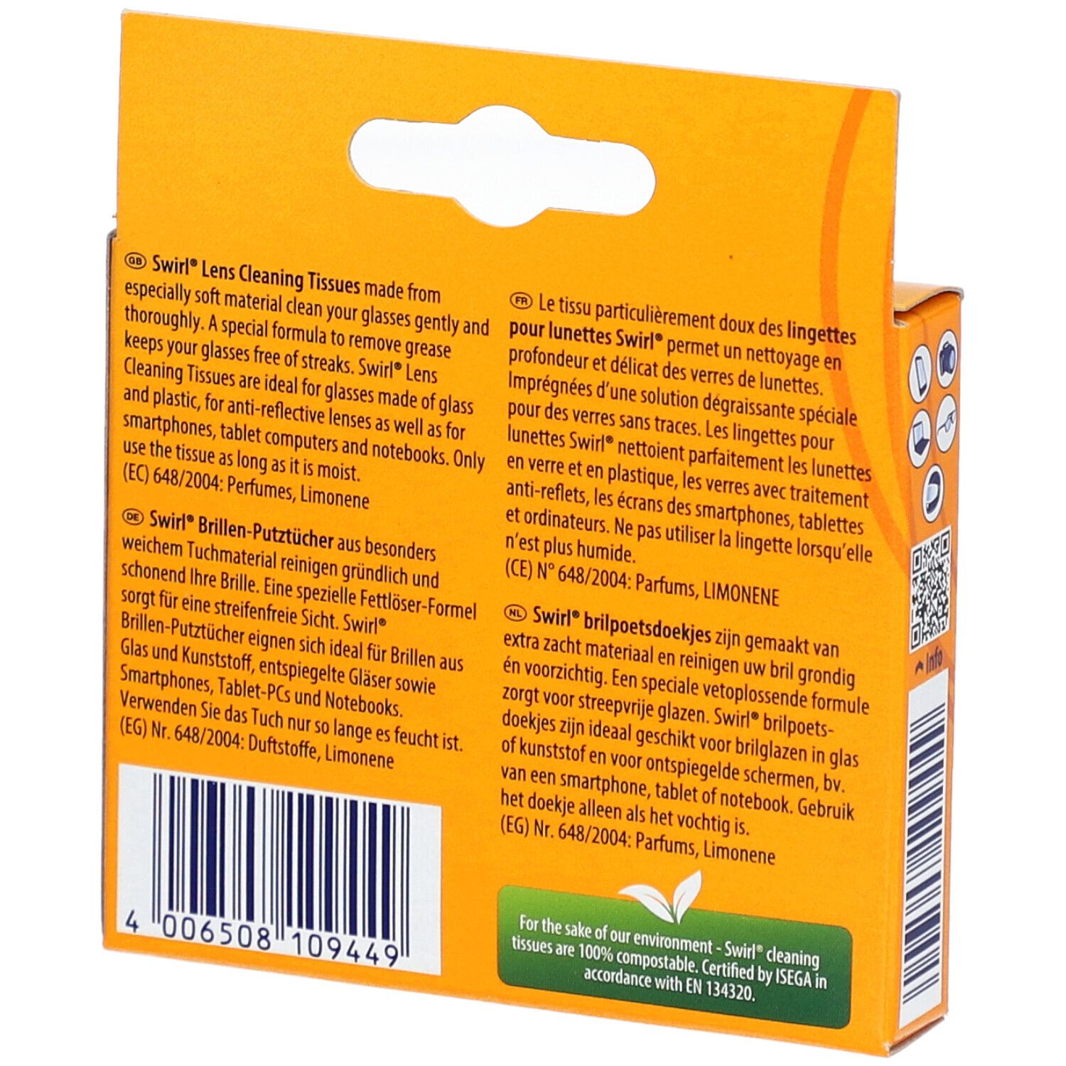 Dos de la boîte avec texte. Description des lingettes, ingrédients et informations du fabricant.