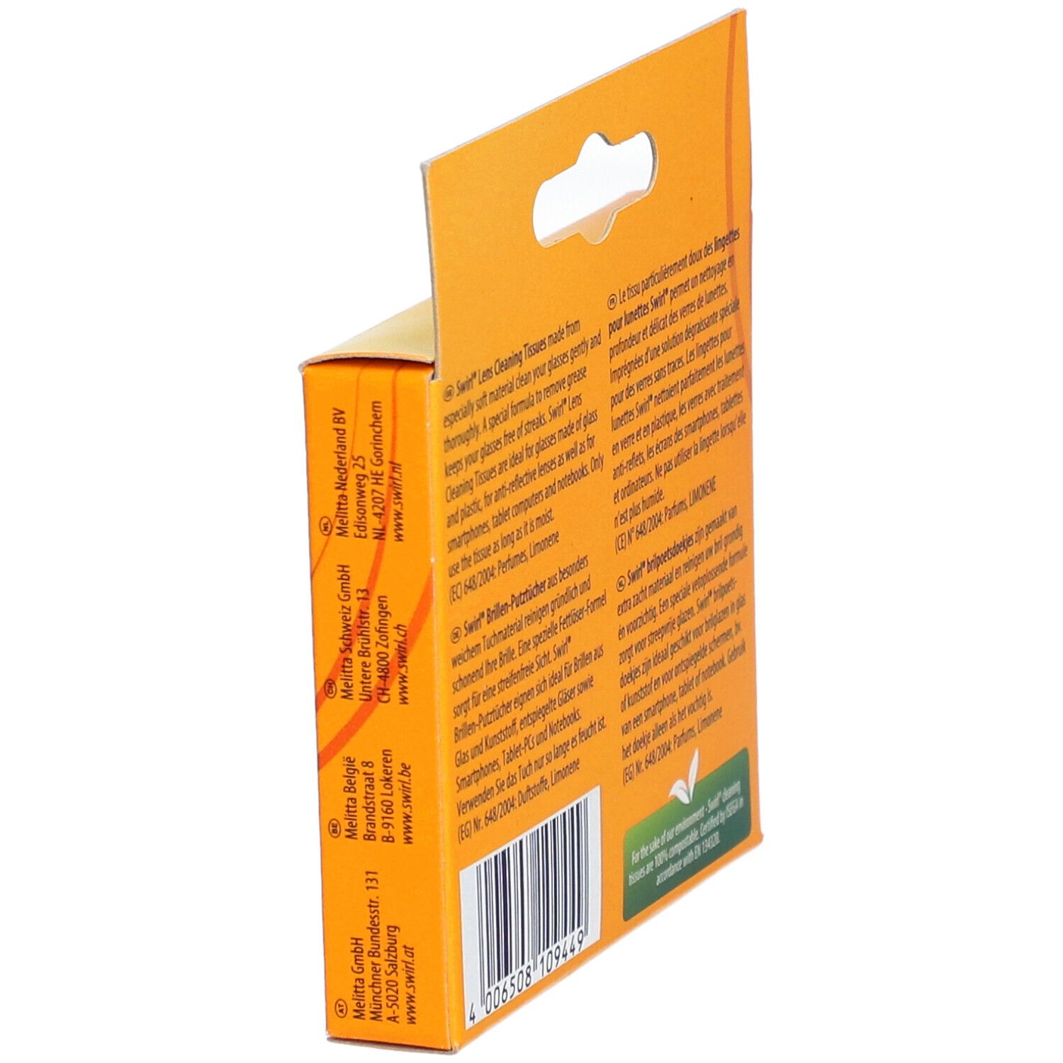 Côté de la boîte avec texte. Informations du fabricant et certifications.