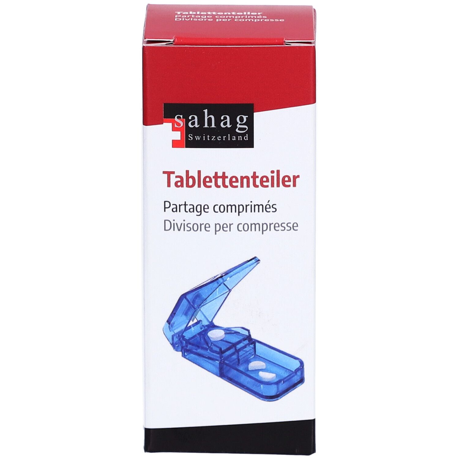 Sahag coupe-comprimés bleu avec compartiment de récupération