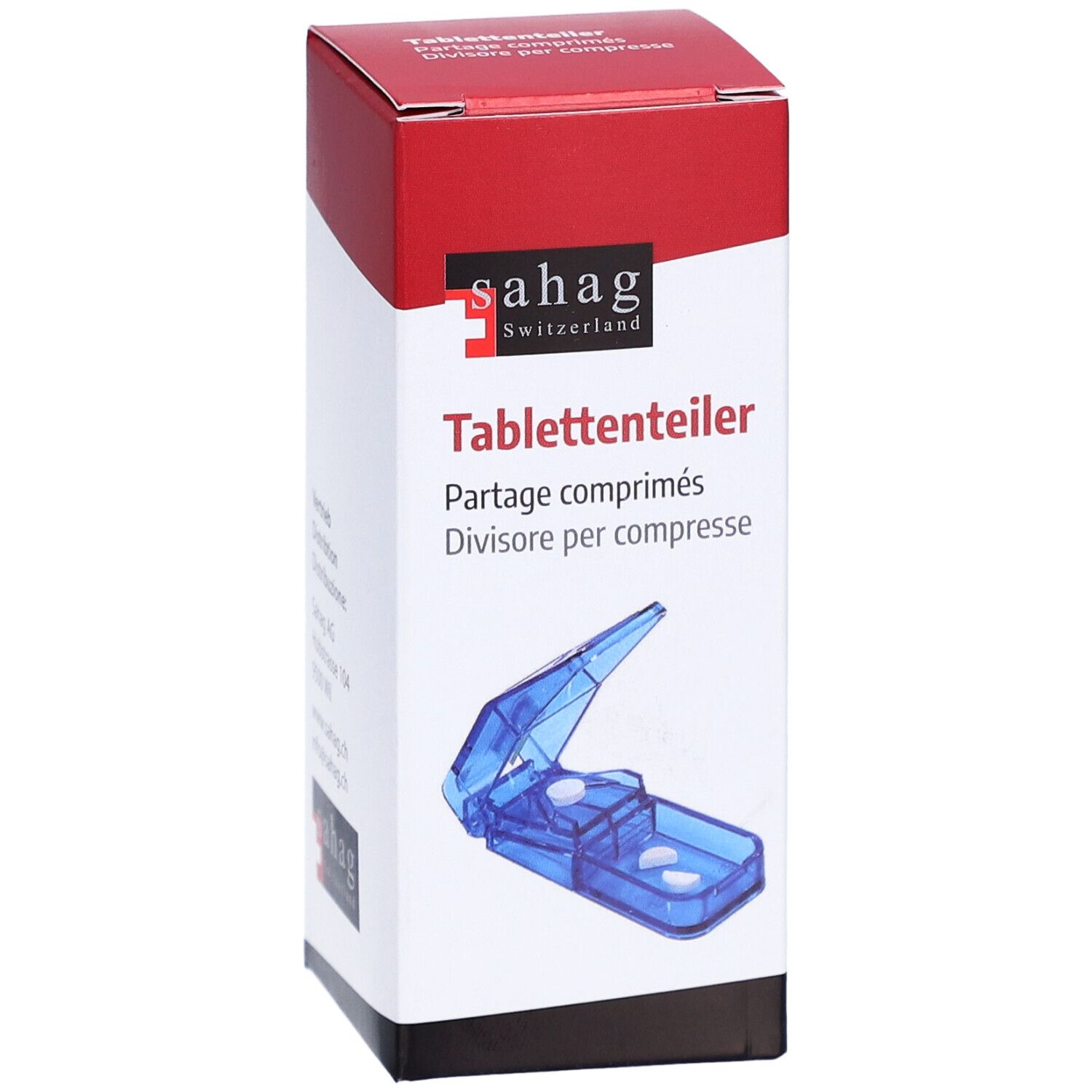Sahag coupe-comprimés bleu avec compartiment de récupération