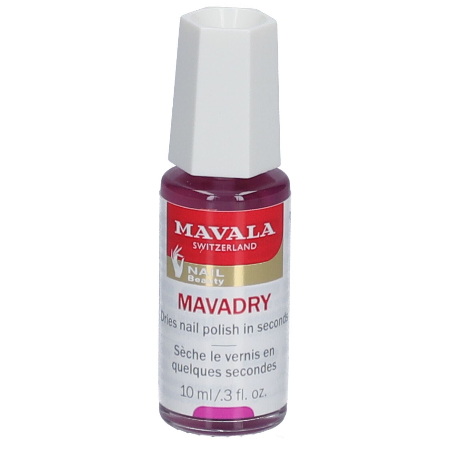 Flacon de vernis à ongles avec bouchon blanc. Inscription: MAVALA, MAVADRY. Contenu: 10 ml.