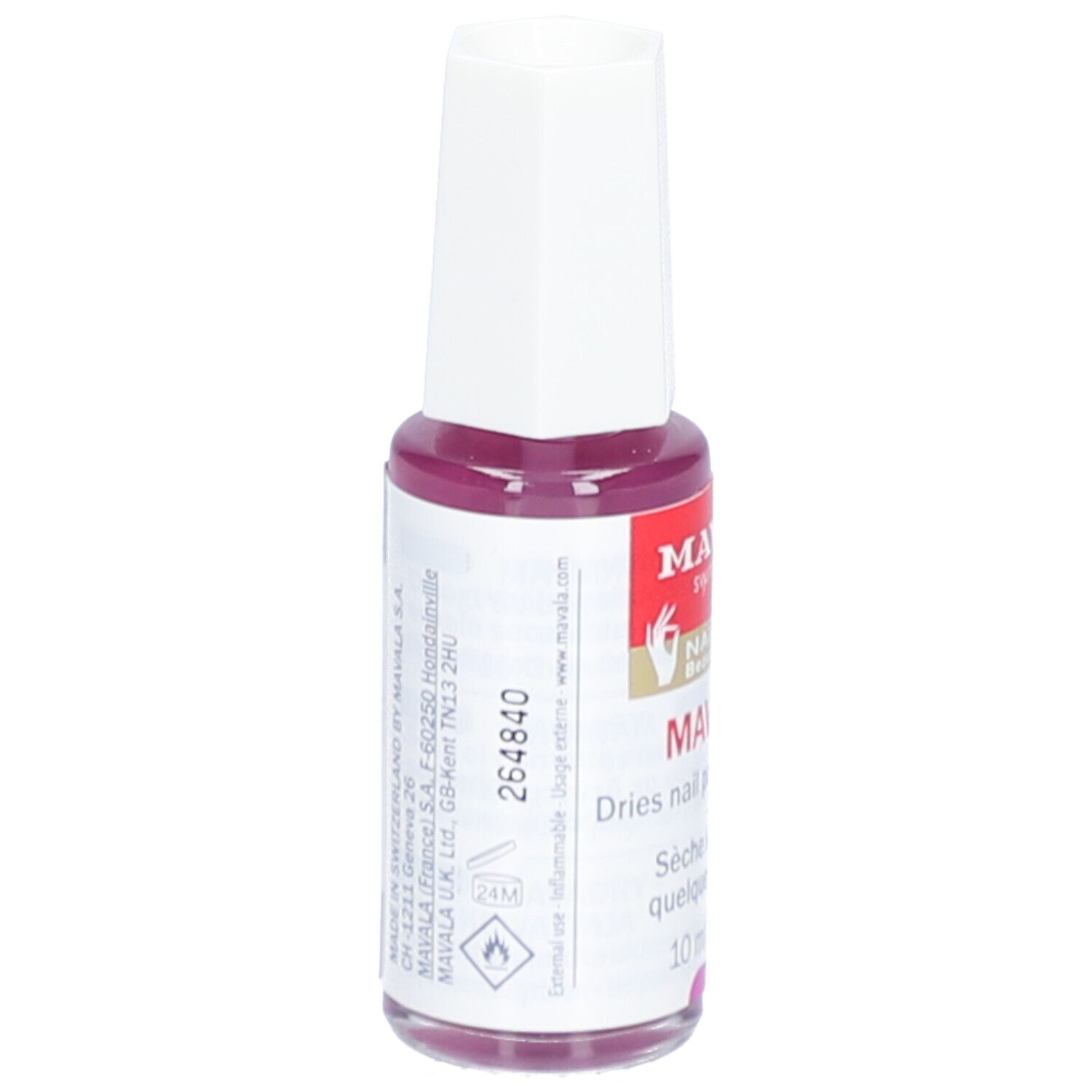 Flacon de vernis à ongles avec bouchon blanc. Inscription: MAVALA, MAVADRY. Dos avec texte et symboles.