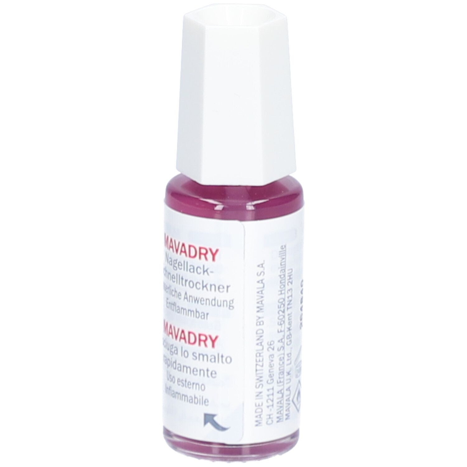 Flacon de vernis à ongles avec bouchon blanc. Inscription: MAVALA, MAVADRY. Texte en allemand et italien.