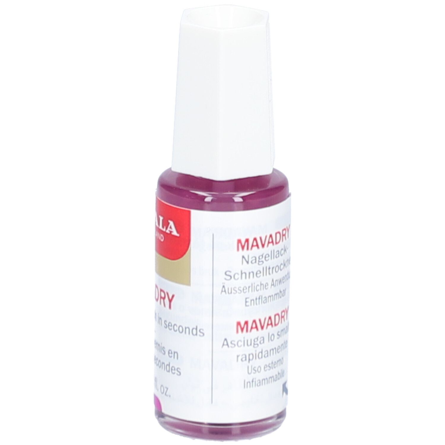 Flacon de vernis à ongles avec bouchon blanc. Inscription: MAVALA, MAVADRY. Texte en allemand et italien.