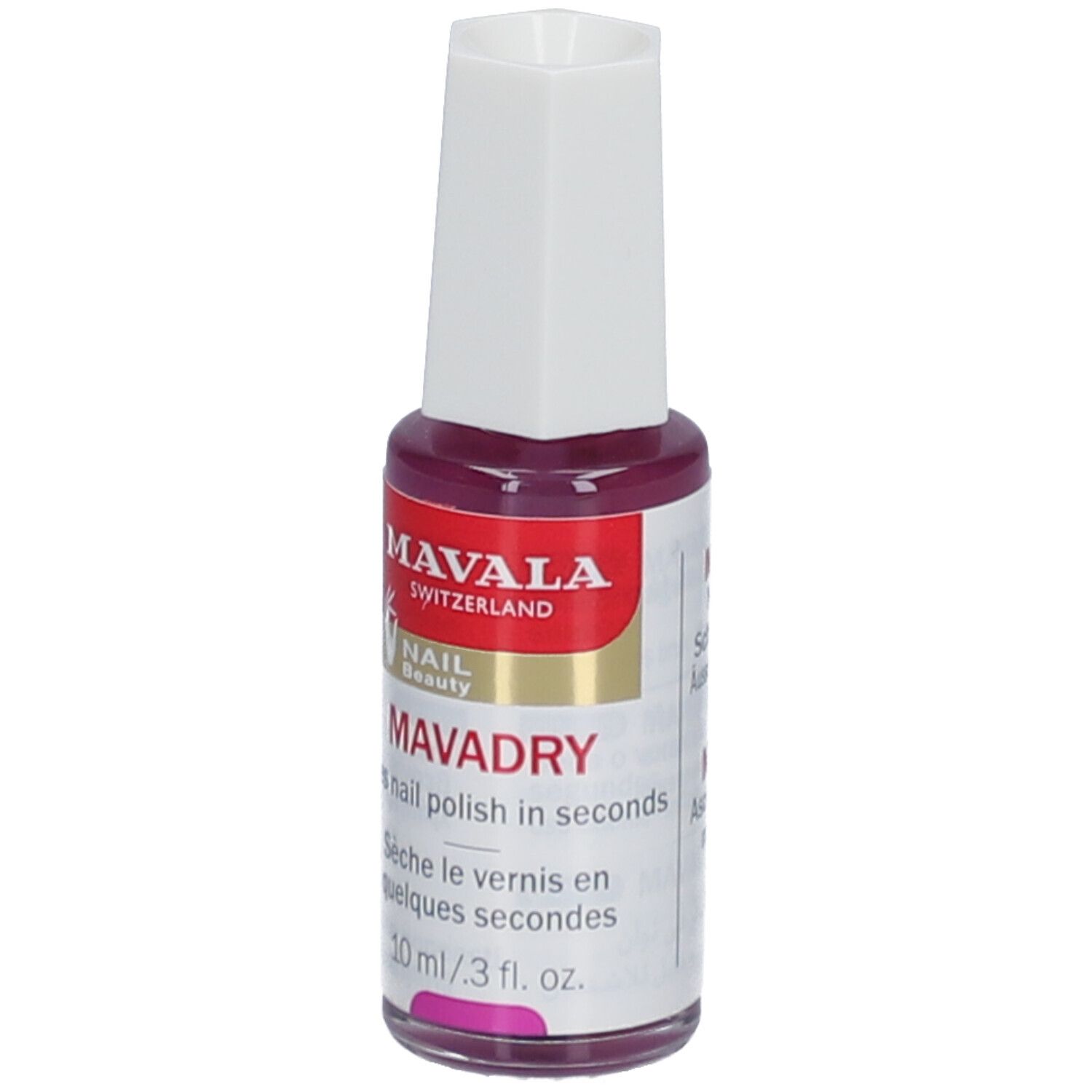 Flacon de vernis à ongles avec bouchon blanc. Inscription: MAVALA, MAVADRY. Contenu: 10 ml.