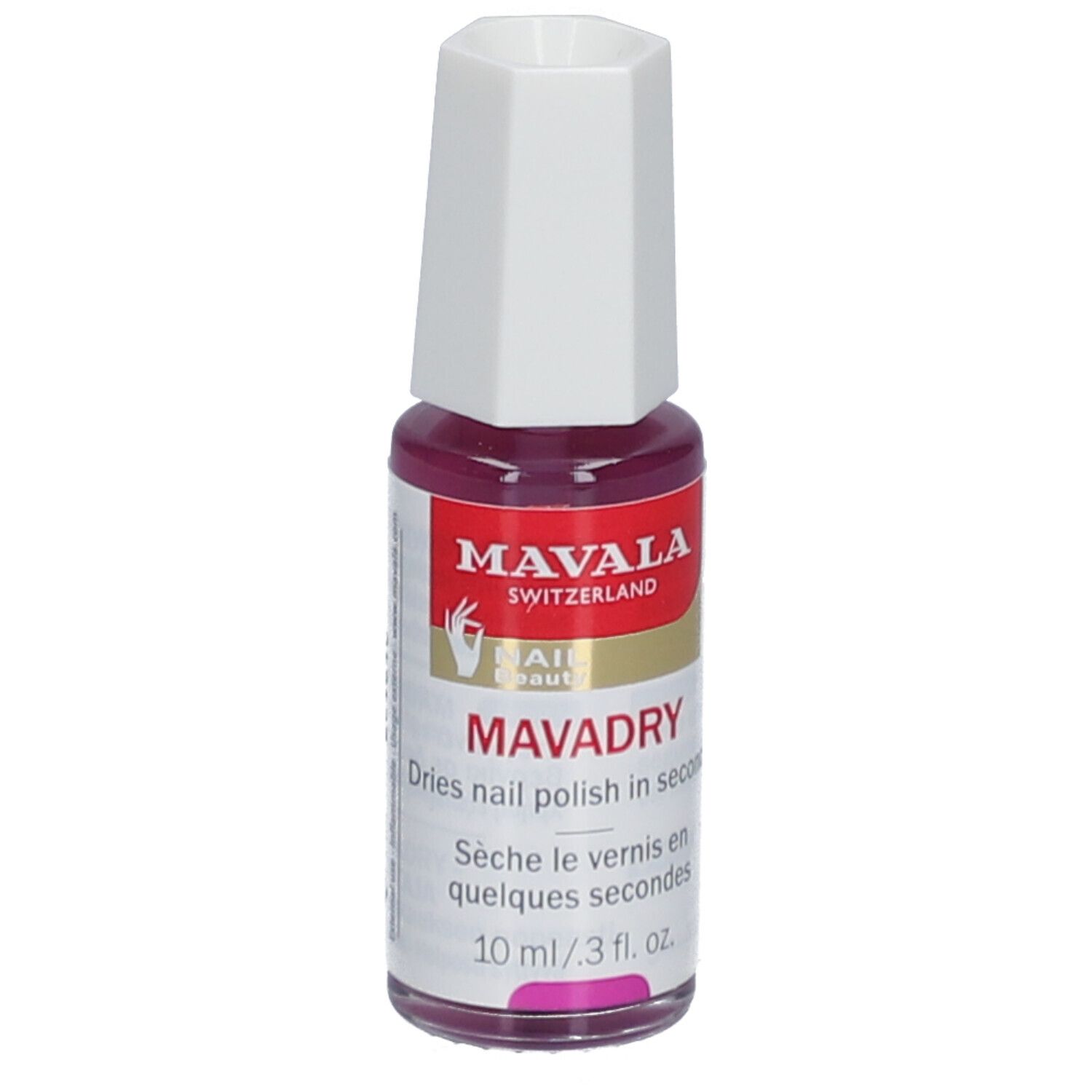 Flacon de vernis à ongles avec bouchon blanc. Inscription: MAVALA, MAVADRY. Contenu: 10 ml.