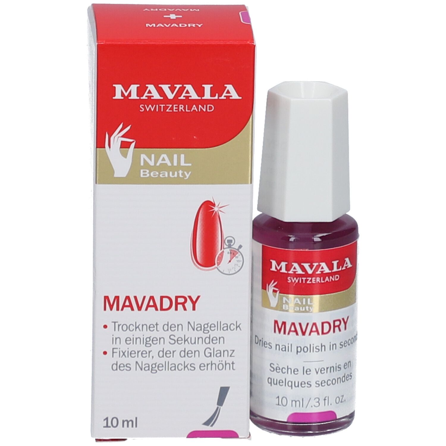 Flacon de vernis à ongles et emballage. Inscription: MAVALA, MAVADRY. Emballage avec image du produit.