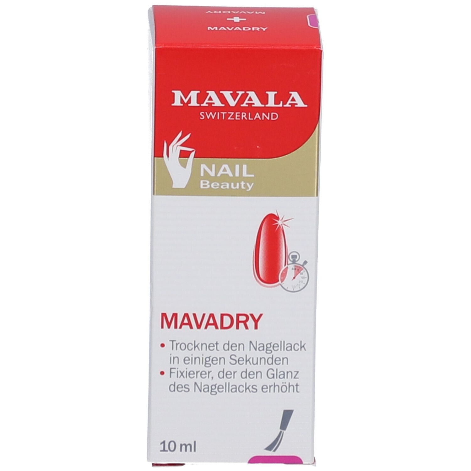 Emballage avec image de vernis à ongles. Inscription: MAVALA, MAVADRY. Contenu: 10 ml.