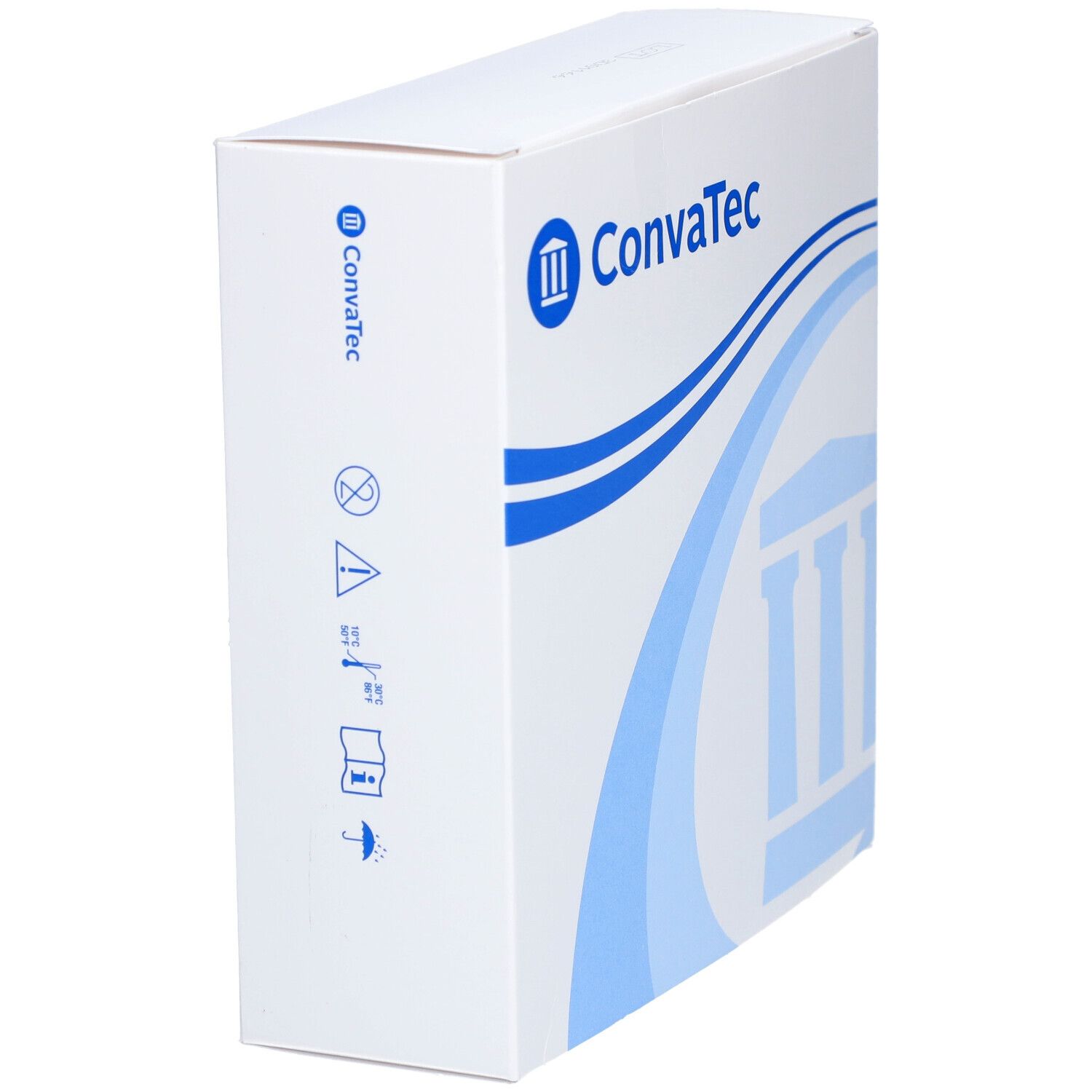 Boîte blanche avec logo et texte bleu ConvaTec. Des symboles et pictogrammes sont représentés sur le côté.