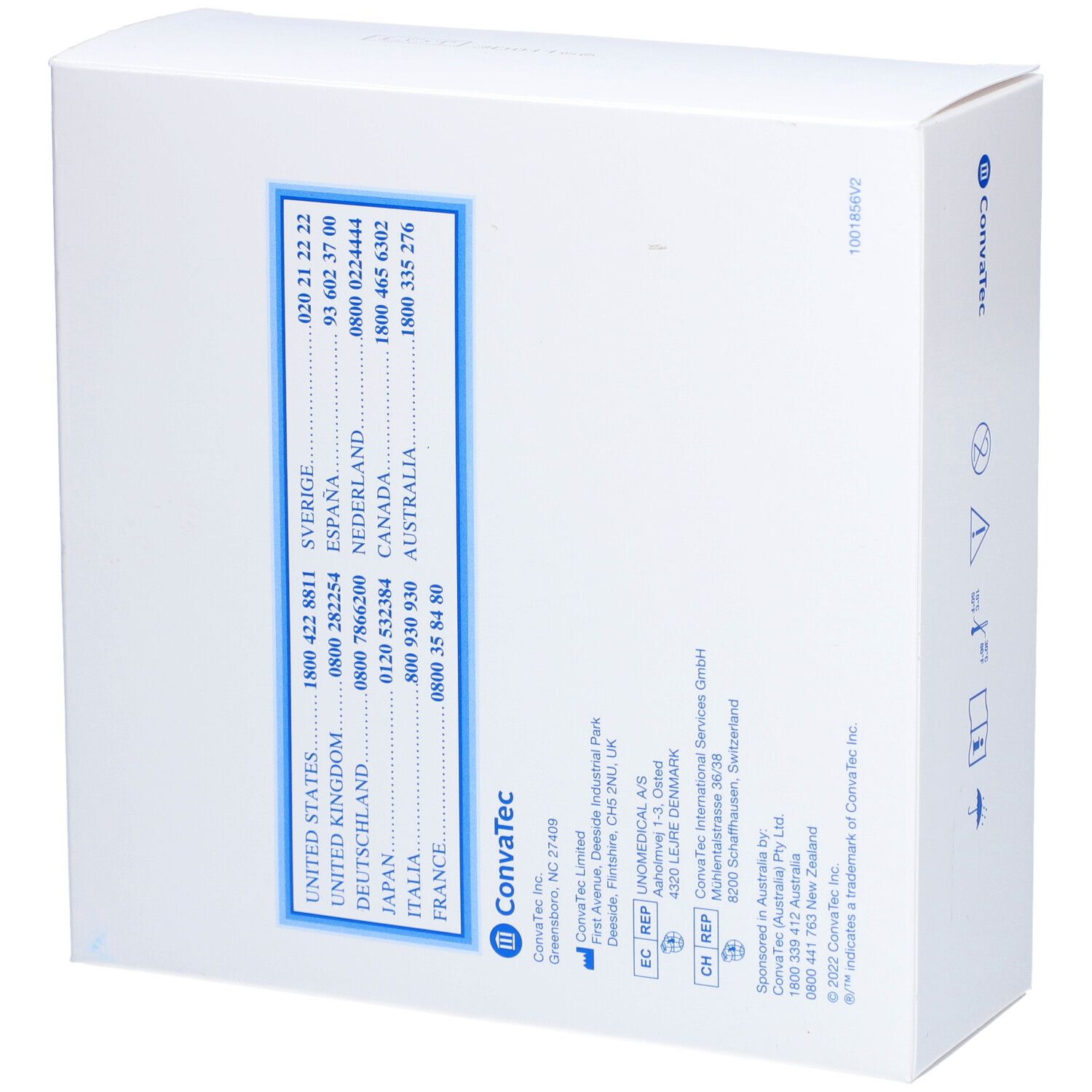 Boîte blanche avec logo bleu ConvaTec. Des informations de contact et des logos sont représentés au dos.