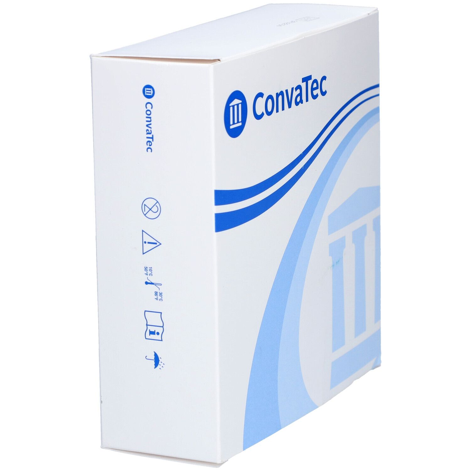 Emballage blanc avec logo bleu ConvaTec. Pictogrammes et avertissements sur le côté. Emballage du produit.