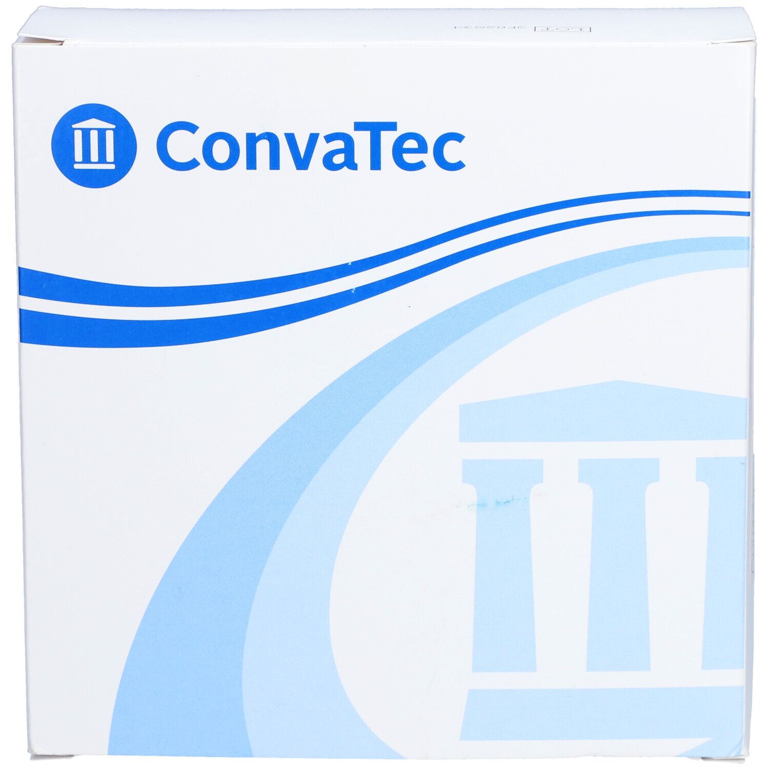Emballage carré blanc avec logo bleu ConvaTec. Motif de vagues et design de colonnes.