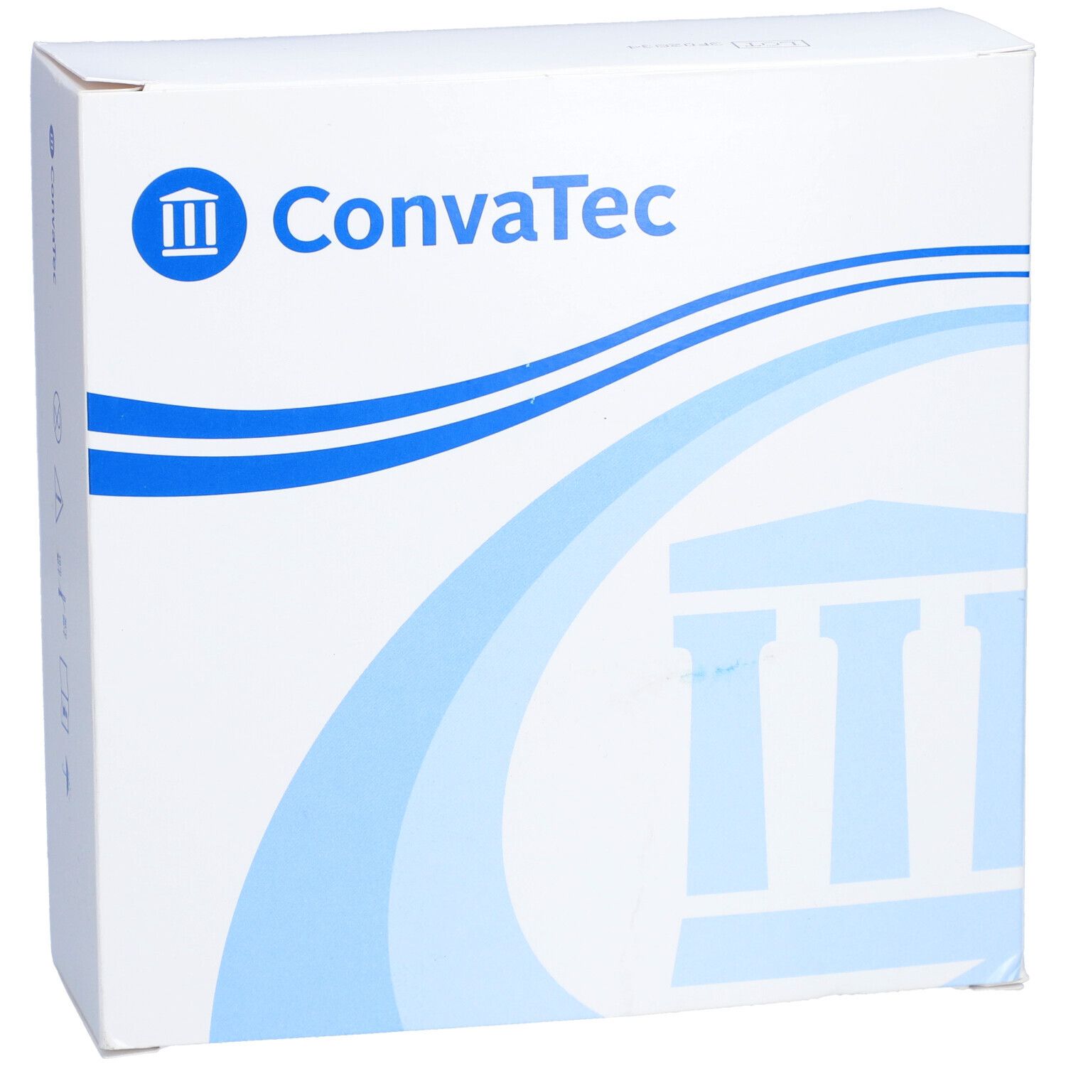 Emballage carré blanc avec logo bleu ConvaTec. Motif de vagues et design de colonnes.