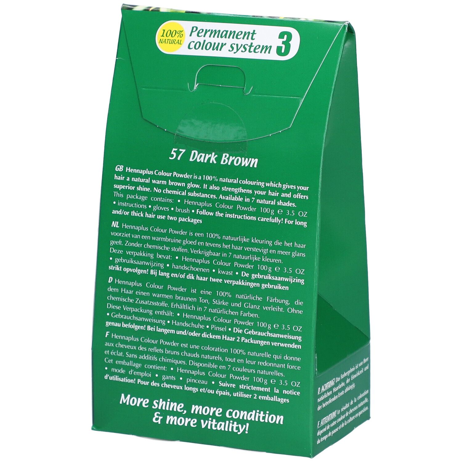 Dos de l'emballage HENNA PLUS Colour Powder 57 braun. Texte multilingue. Vert. 100% naturel.