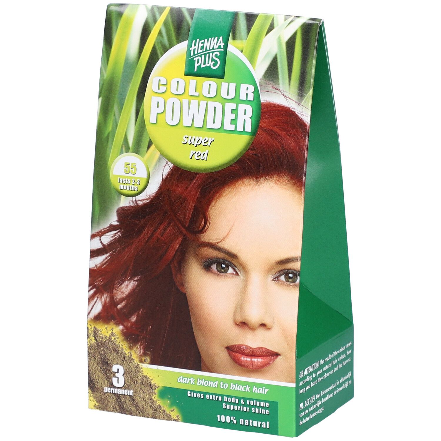 Emballage vert HENNA PLUS Colour Powder, Super Red. Image d'une femme aux cheveux rouges. 55 Super Red, 3 permanent.