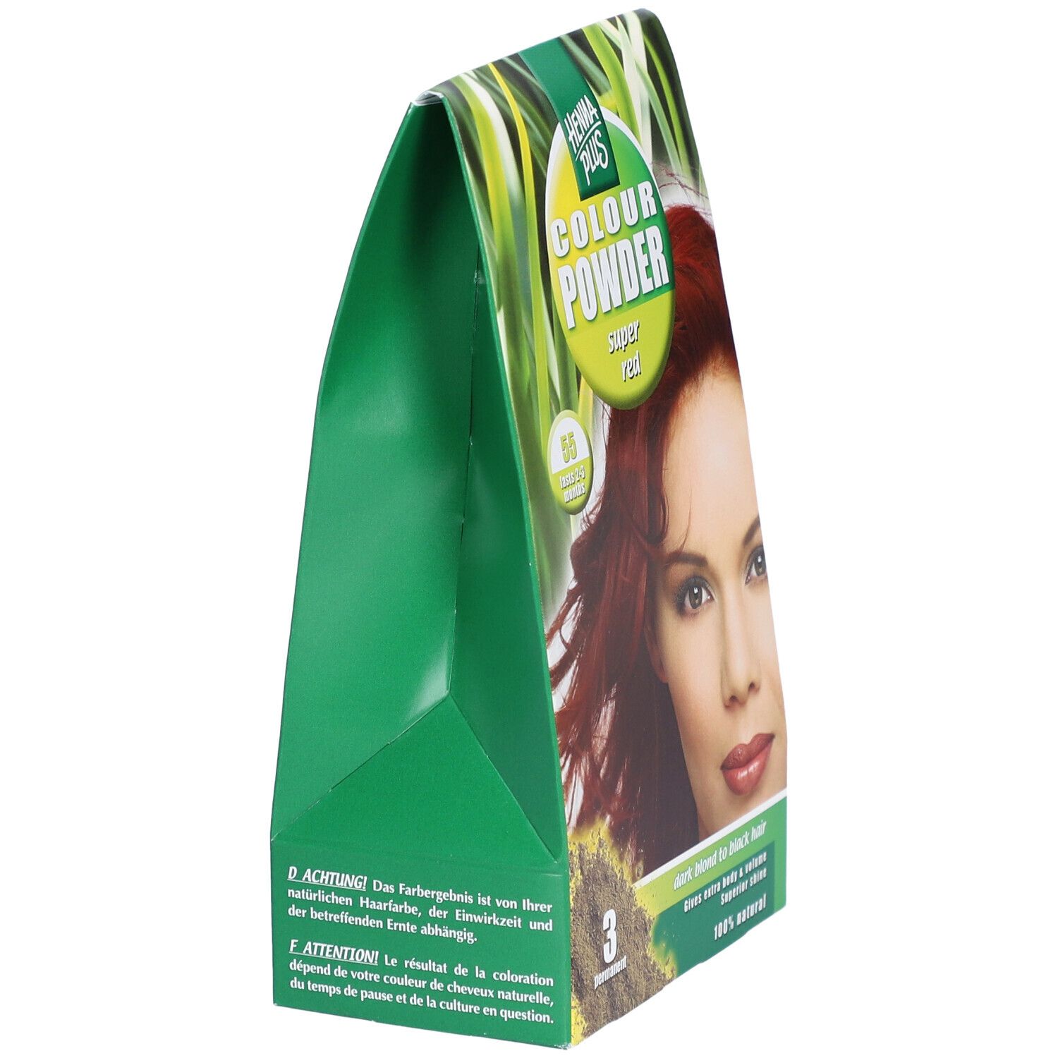 Emballage triangulaire vert HENNA PLUS Colour Powder. Impression d'une femme aux cheveux rouges. Texte : Super Red, 3 permanent.