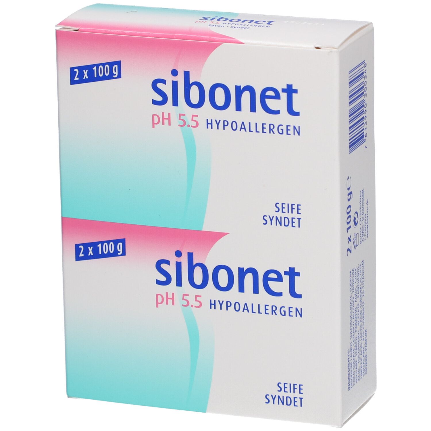 Emballage blanc avec nom et informations du produit. Deux savons, 2 x 100 g. pH 5,5 hypoallergénique.