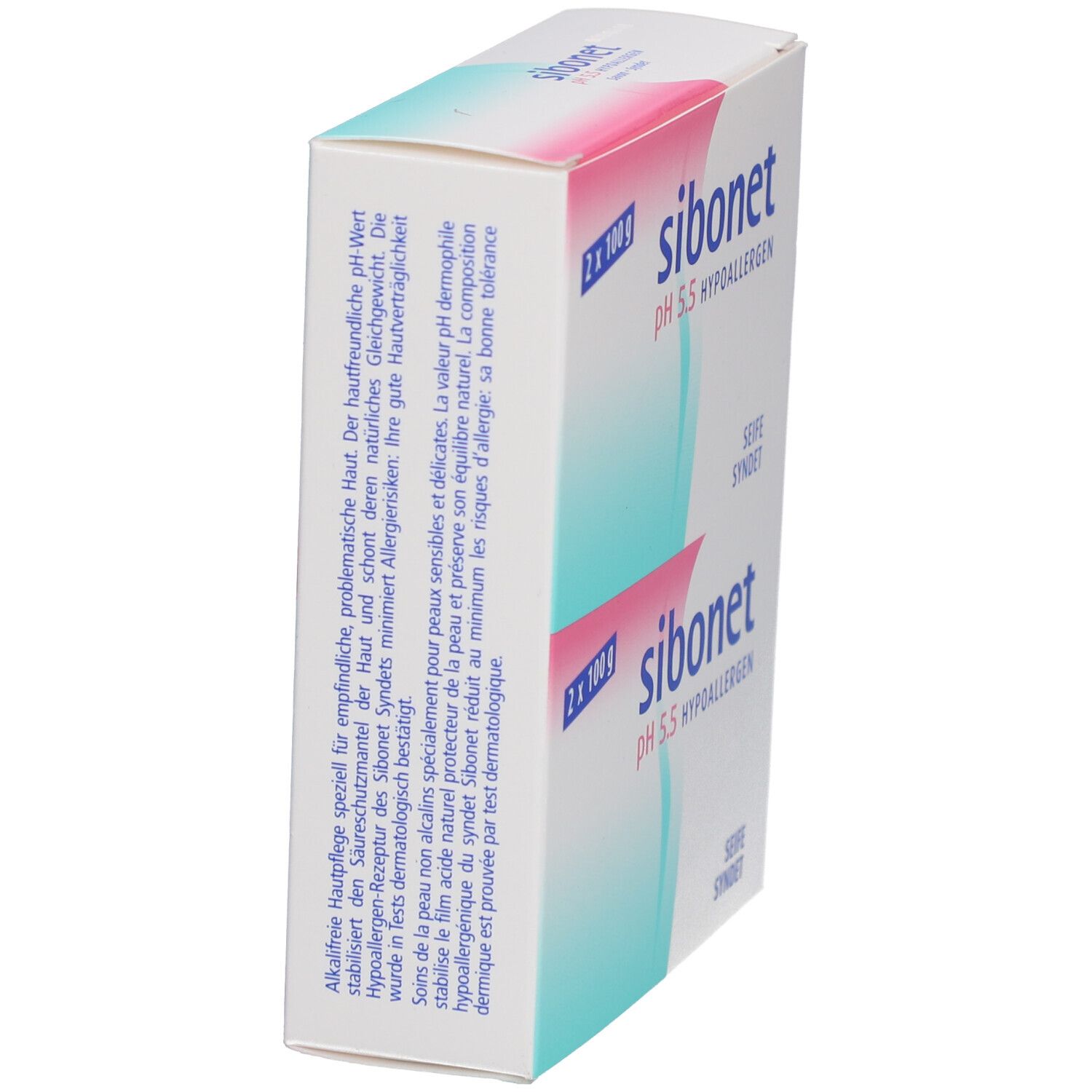 Emballage blanc incliné avec nom et informations du produit. Texte en allemand et français.