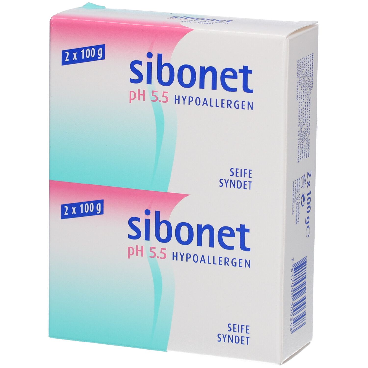 Emballage blanc avec nom et informations du produit. Deux savons, 2 x 100 g. pH 5,5 hypoallergénique.