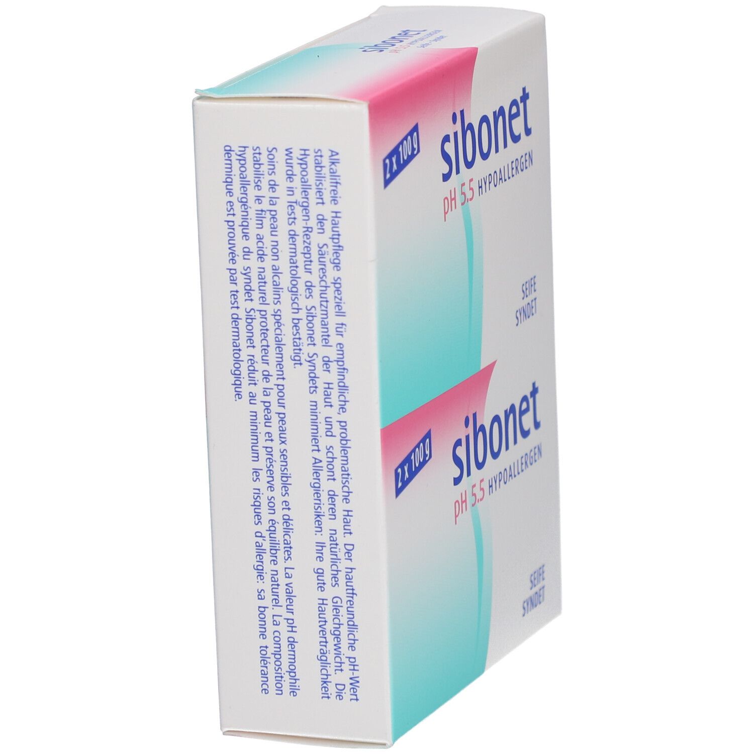 Emballage blanc incliné avec nom et informations du produit. Texte en allemand et français.