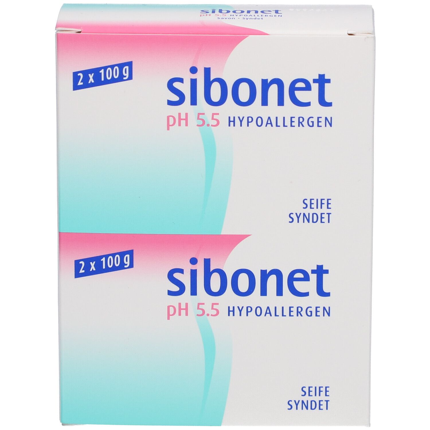 Emballage blanc avec nom et informations du produit. Deux savons, 2 x 100 g. pH 5,5 hypoallergénique.