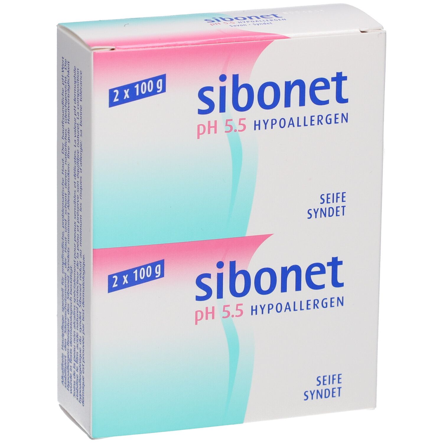 Emballage blanc avec nom et informations du produit. Deux savons, 2 x 100 g. pH 5,5 hypoallergénique.