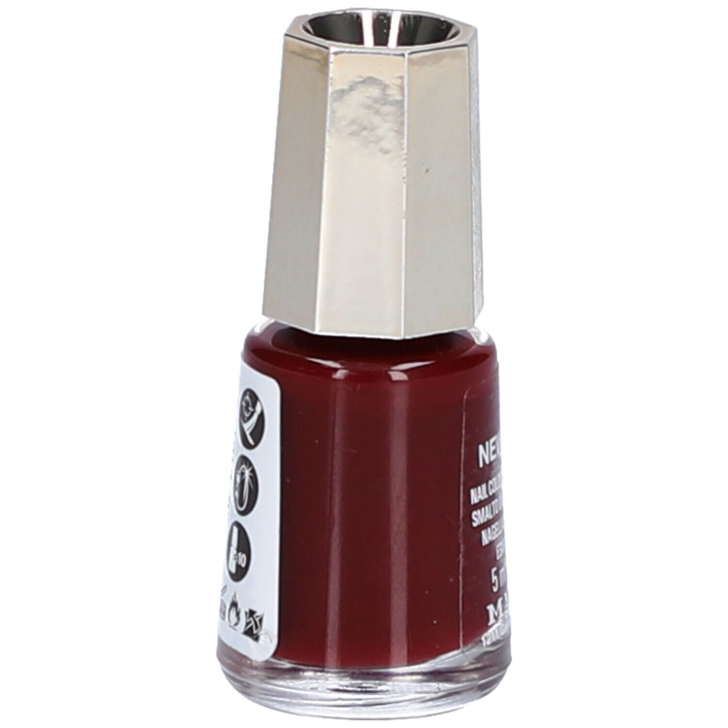 Flacon de vernis à ongles rouge foncé. Bouchon argenté. Symboles et texte sur le côté.