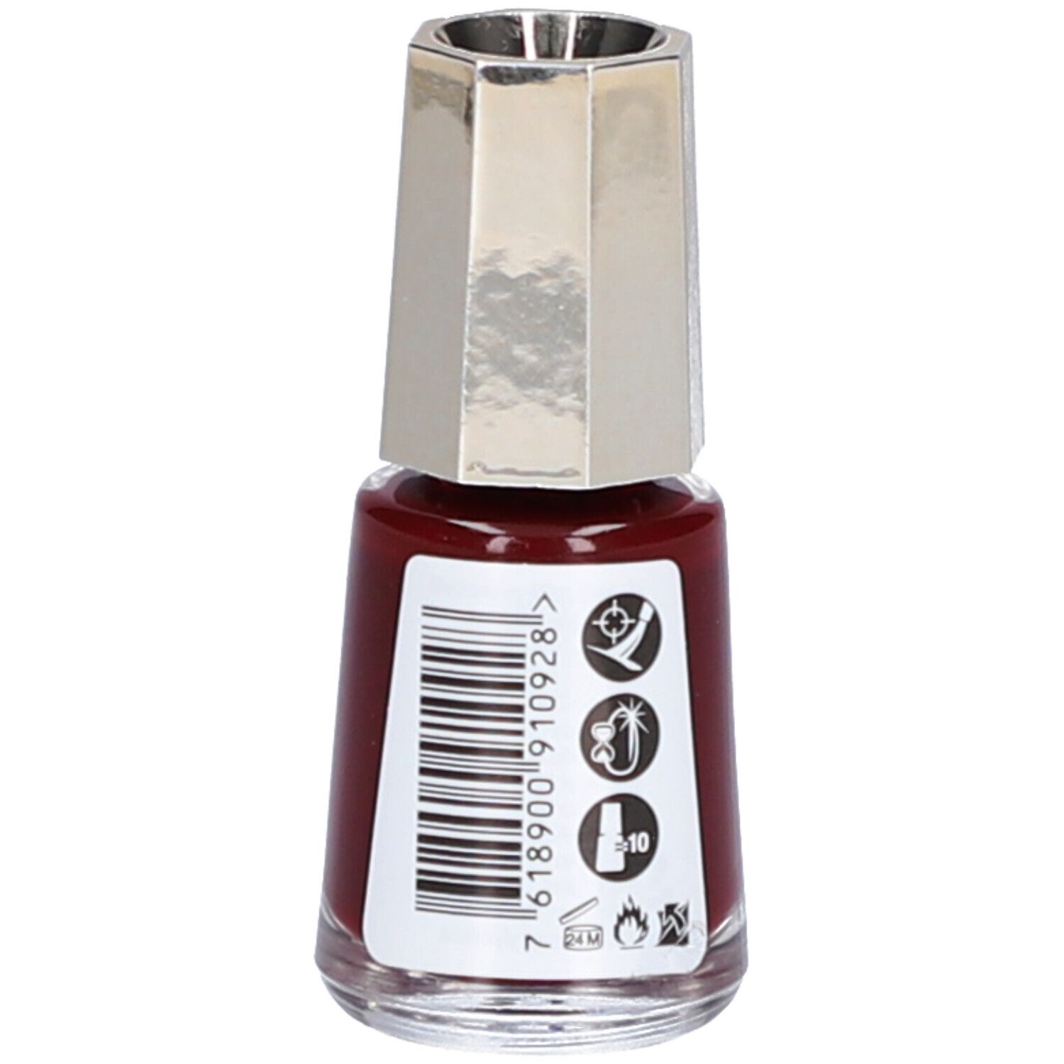 Flacon de vernis à ongles rouge foncé. Bouchon argenté. Code-barres et symboles sur le côté.