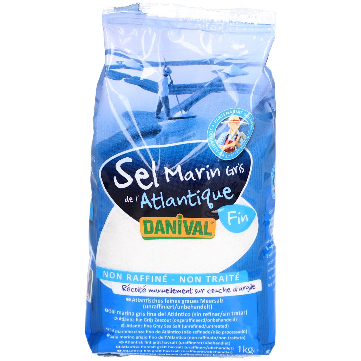 Sachet de sel marin gris de l'Atlantique DANIVAL Fin. Emballage bleu et blanc. Inscription "NON RAFFINÉ - NON TRAITÉ".