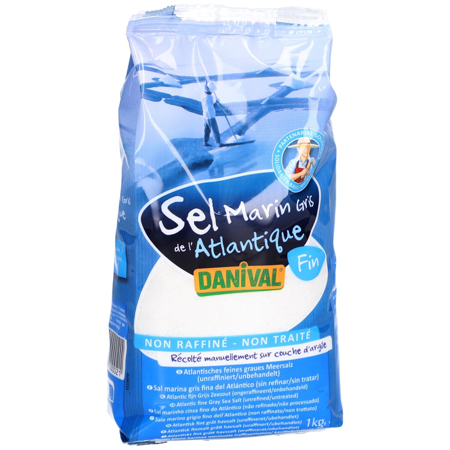 Sachet de sel marin gris de l'Atlantique DANIVAL Fin. Emballage bleu et blanc. Inscription "NON RAFFINÉ - NON TRAITÉ".