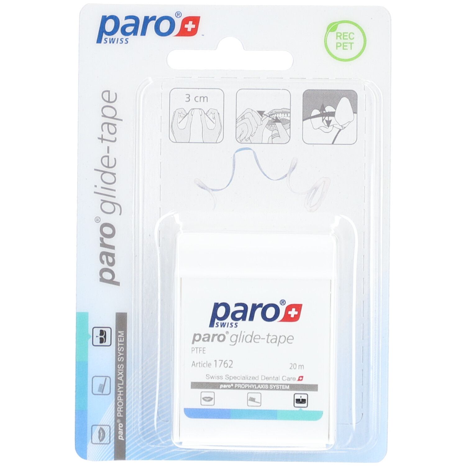 Distributeur de fil dentaire paro glide-tape, 20 m, en emballage blister. Illustrations d'utilisation. Marque paro.