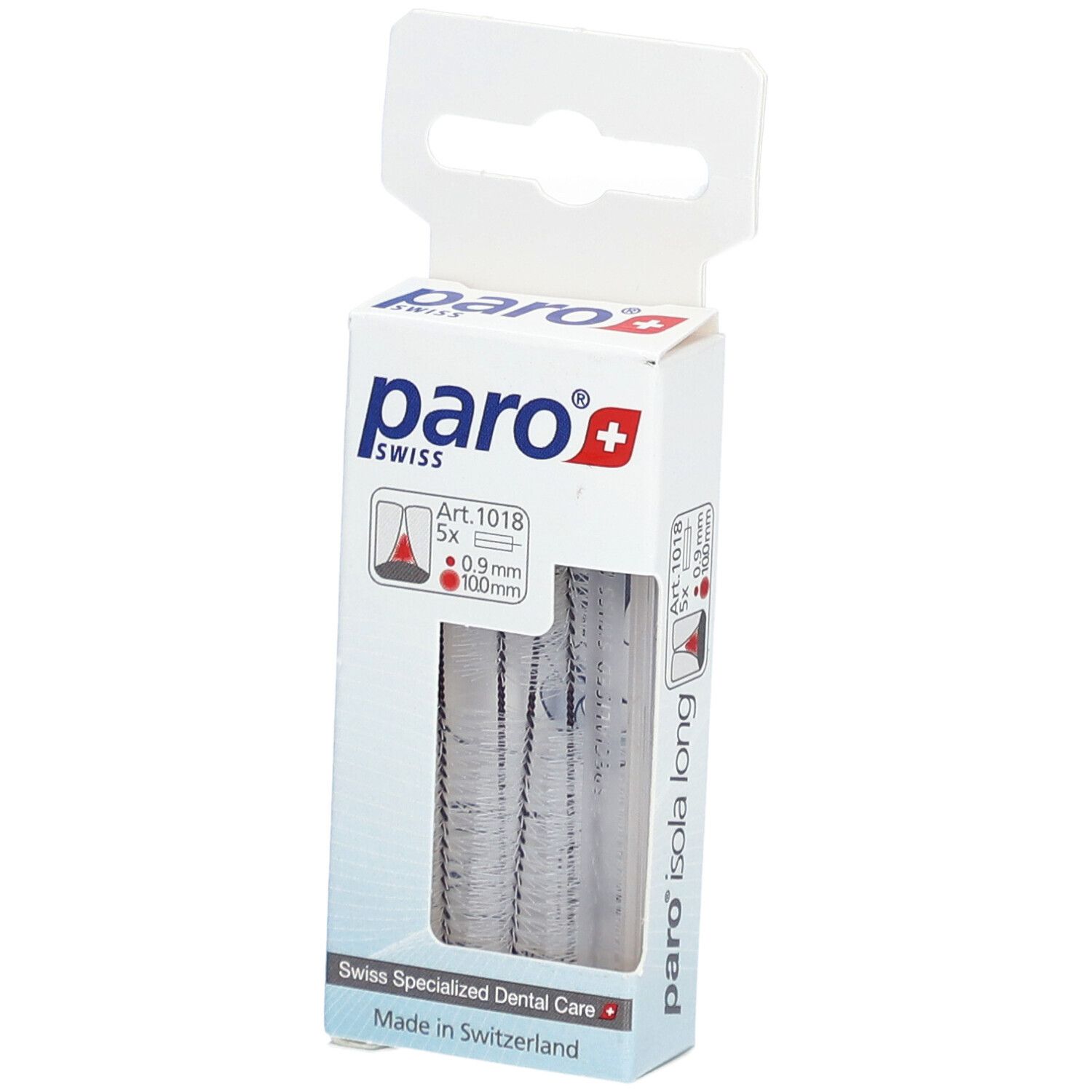 Emballage paro® Isola Long. Fenêtre transparente montrant des brossettes interdentaires. Marque et nom du produit visibles.