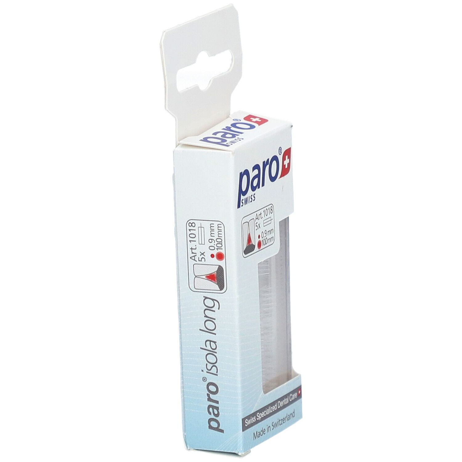 Vue latérale de l'emballage paro® Isola Long. Nom du produit et marque clairement visibles.