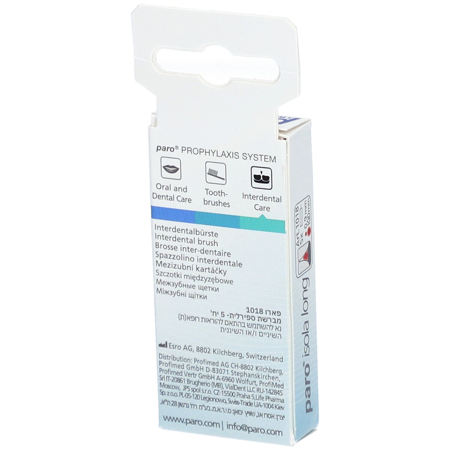 Dos de l'emballage paro® Isola Long. Informations sur le produit et logo de la marque.