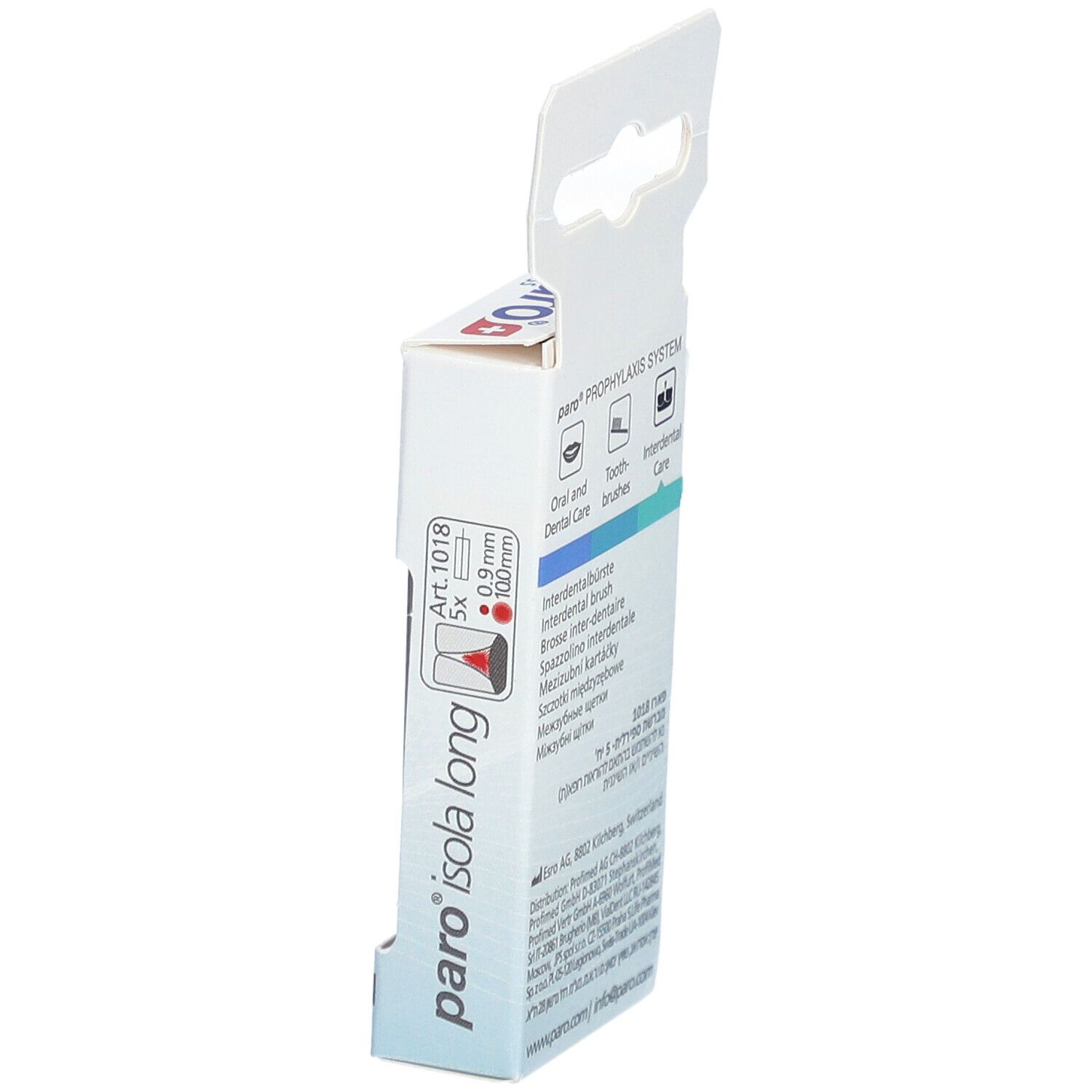 Vue latérale de l'emballage paro® Isola Long. Nom du produit et marque.