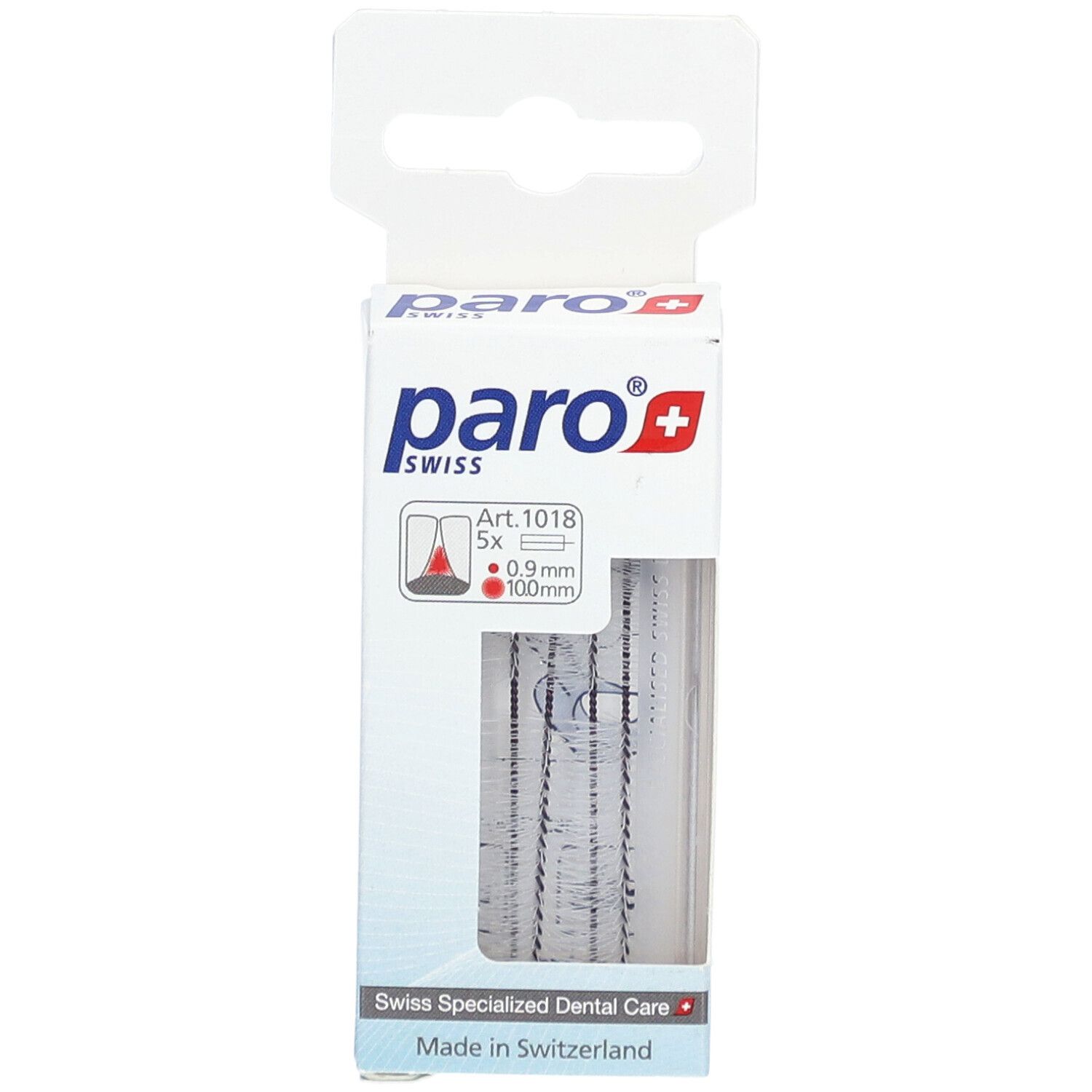 Emballage paro® Isola Long. Fenêtre transparente montrant des brossettes interdentaires. Marque et nom du produit visibles.