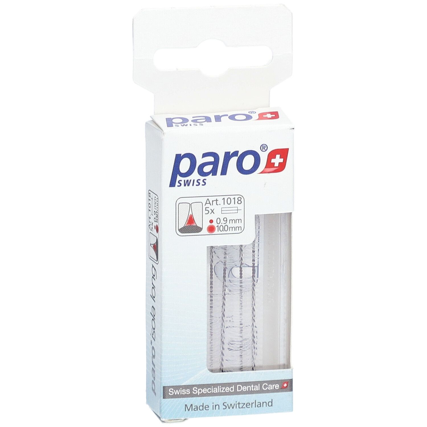 Emballage paro® Isola Long. Fenêtre transparente montrant des brossettes interdentaires. Marque et nom du produit visibles.