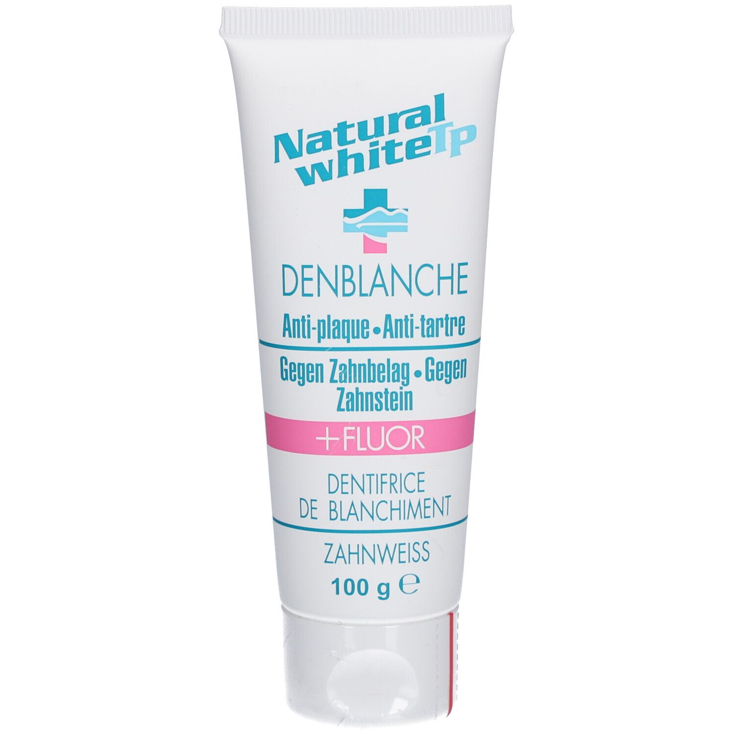 Tube de dentifrice blanc avec texte bleu/rose. Inscription: Denblanche, + Fluor, Zahnweiss. Marque: Natural white.
