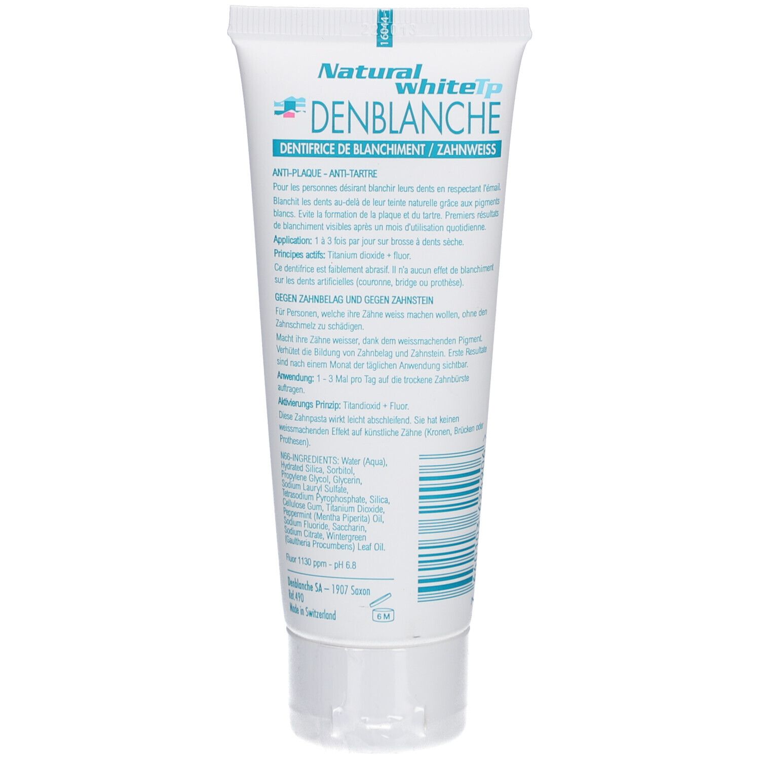 Dos du tube de dentifrice. Texte multilingue. Ingrédients et instructions. Marque: Natural white.