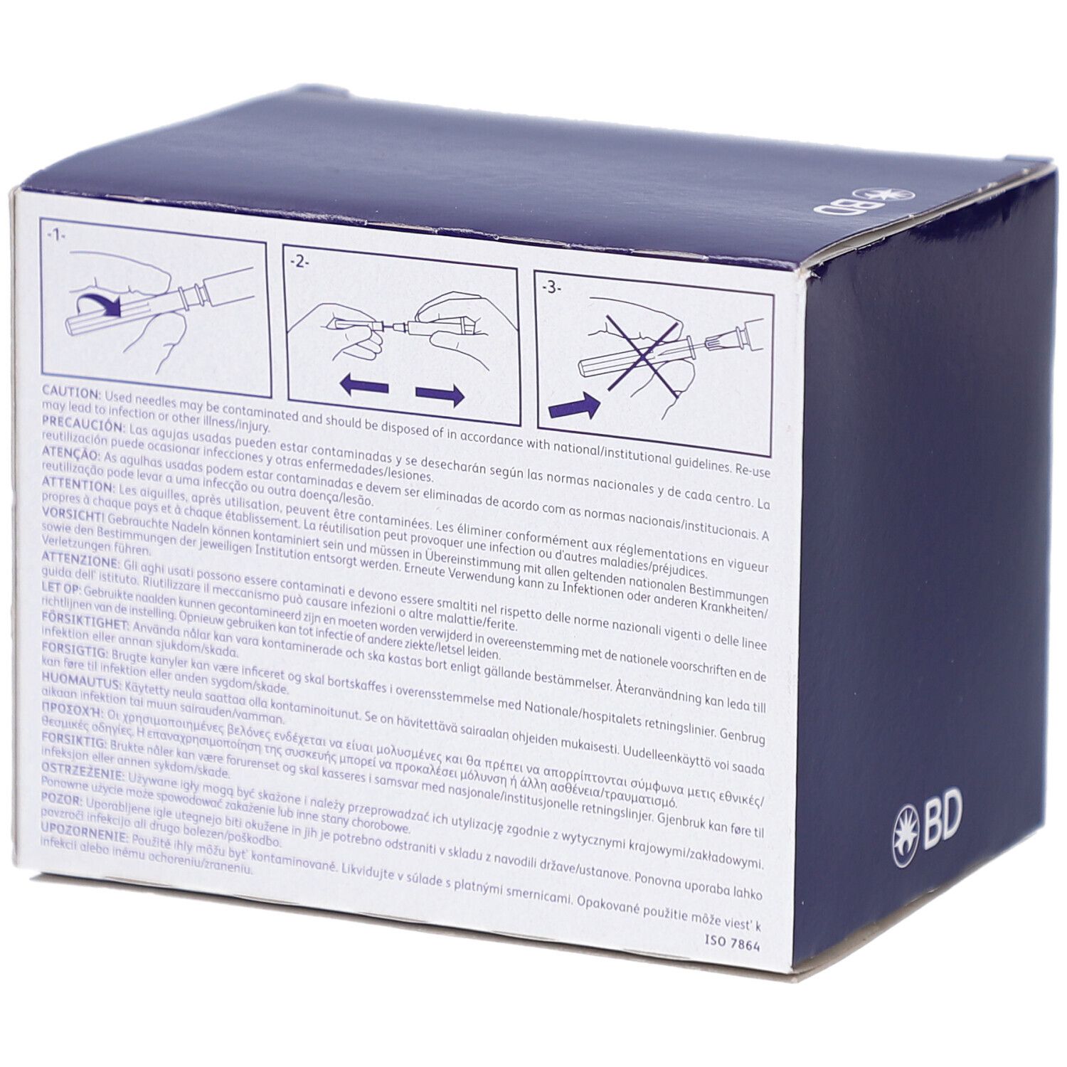 Dos de l'emballage. Avertissements et instructions. Logo BD. Texte en plusieurs langues.