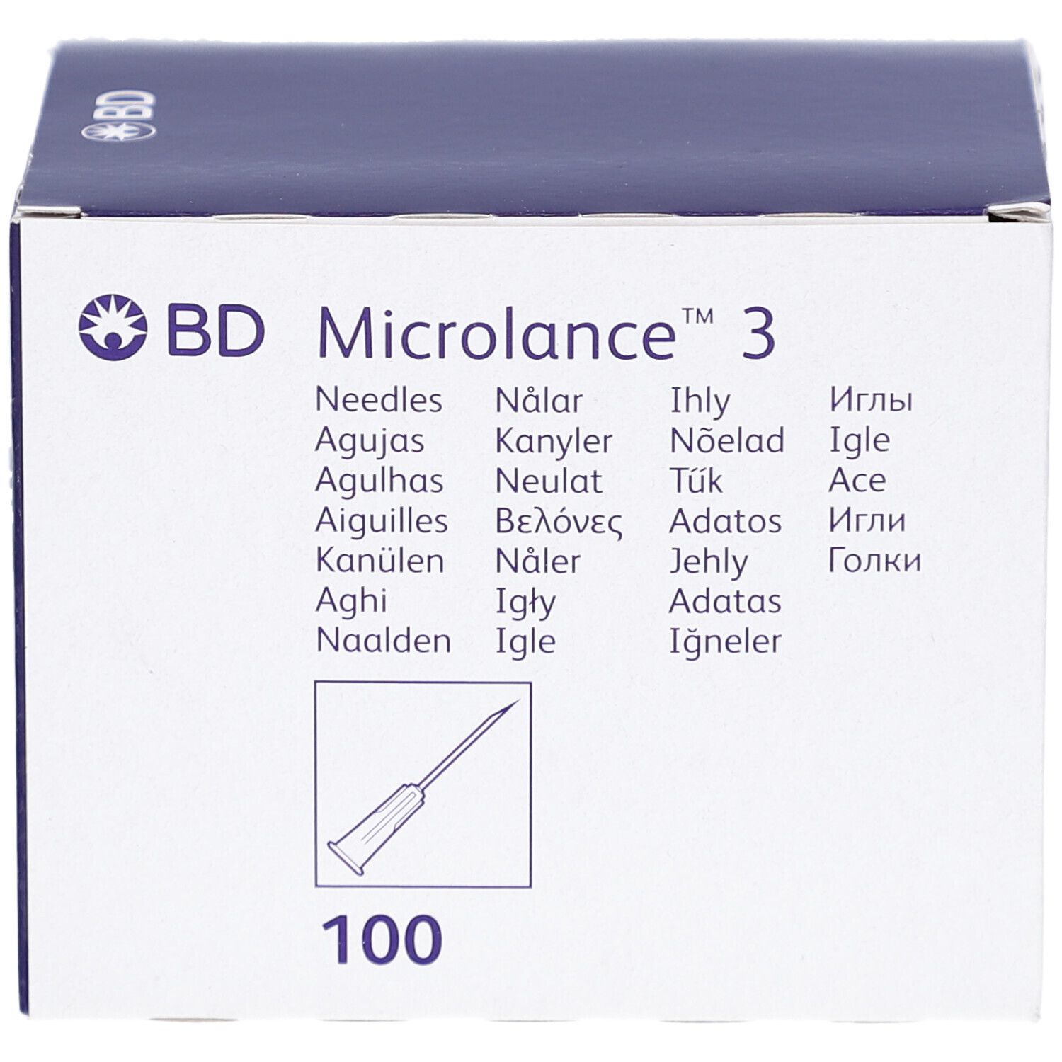 Emballage de BD Microlance 3. 100 pièces. Illustration d'une aiguille. Nom du produit et traductions.