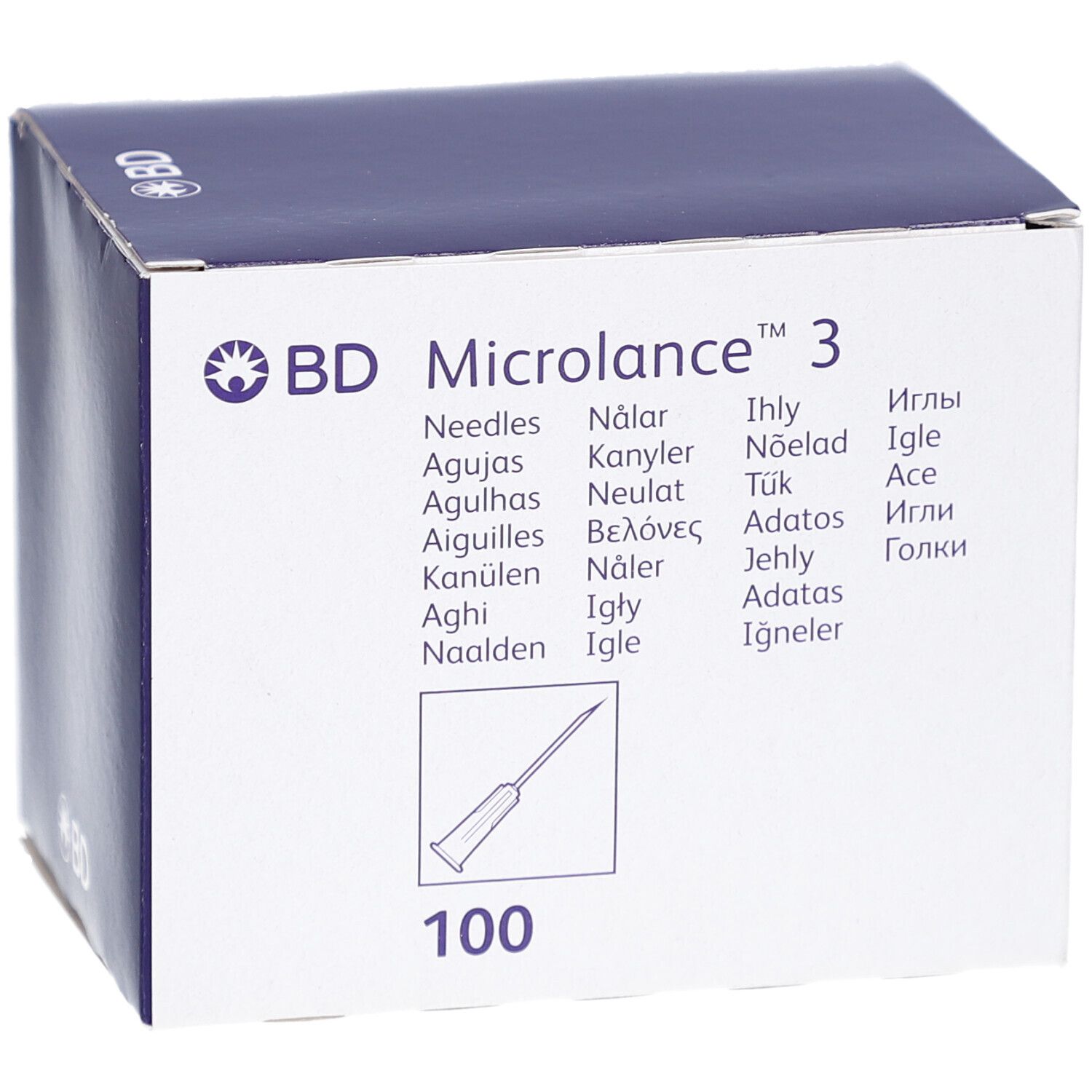 Emballage de BD Microlance 3. 100 pièces. Illustration d'une aiguille. Nom du produit et traductions.