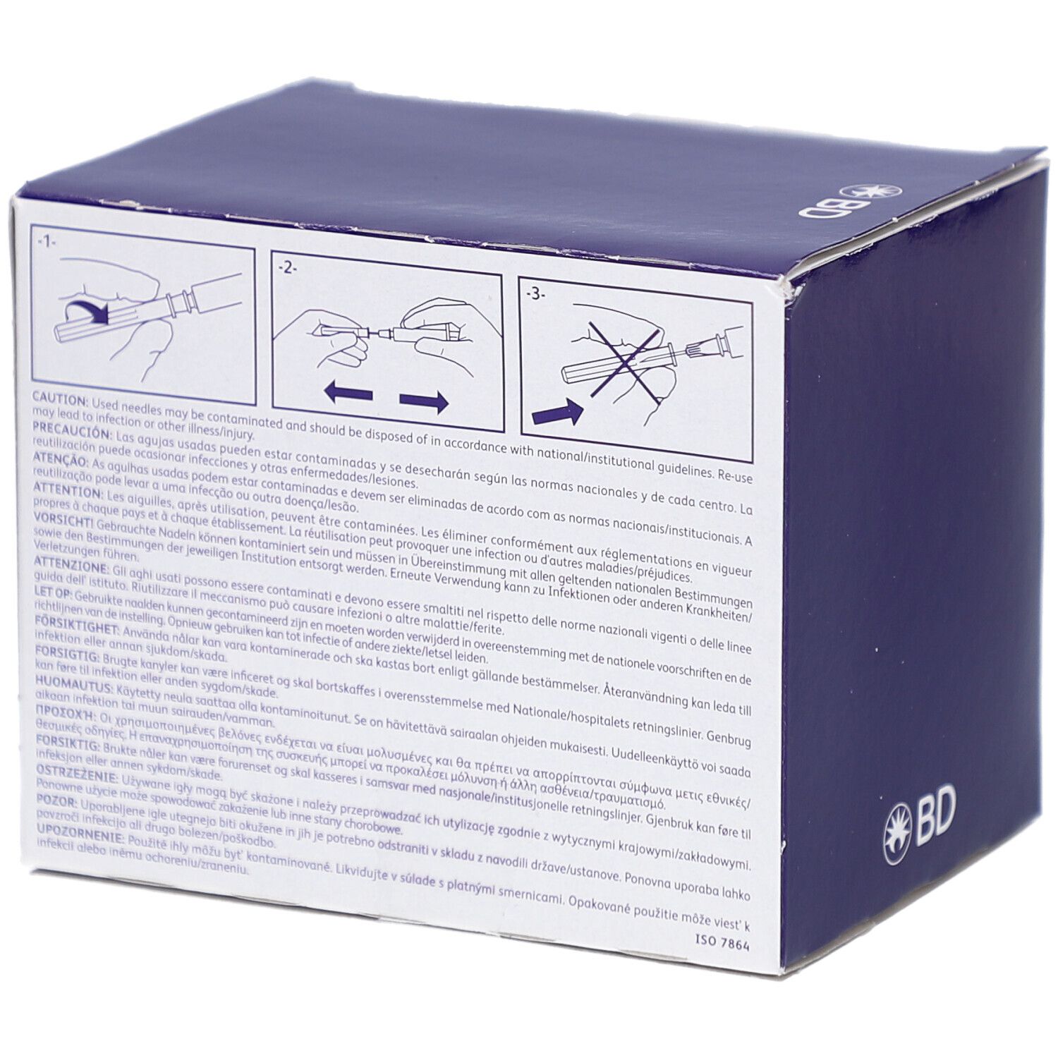 Dos de l'emballage de BD Microlance 3. Avertissements et instructions en plusieurs langues.