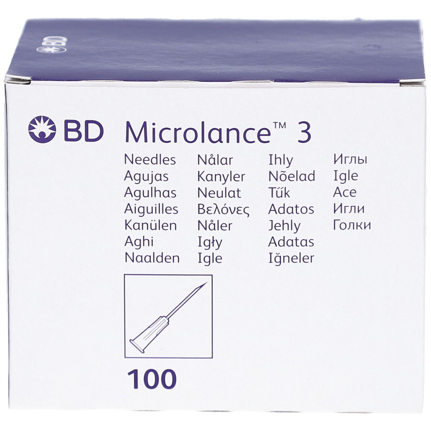Emballage de BD Microlance 3. Nom du produit, logo et illustration d'aiguille. Contient 100 aiguilles.