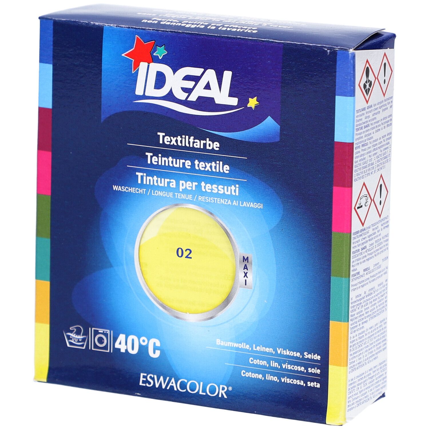 Teinture textile Ideal, jaune, n° 02, en boîte. Résistant au lavage. Pour coton, lin, viscose, soie. Marque Ideal.