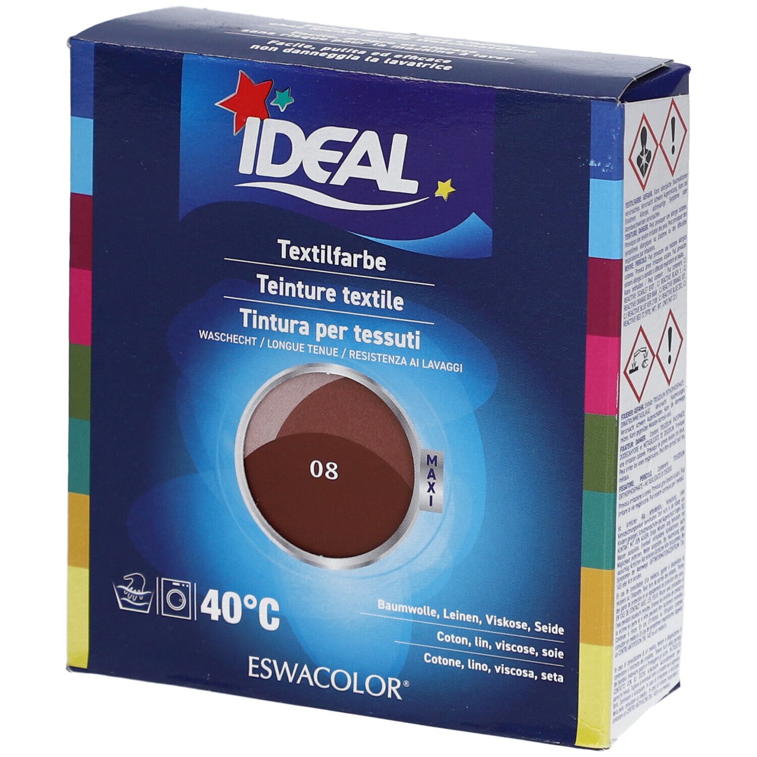 Teinture textile IDEAL 08 Rotbraun, emballage carton. Résistant au lavage, pour coton, lin, viscose, soie. Avec logo Maxi.